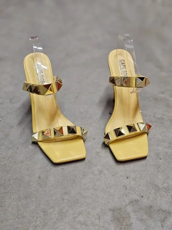 Yellow Studded High Heel Sandals With Straps & Square Toe Design For Women - Picture 7 of 15